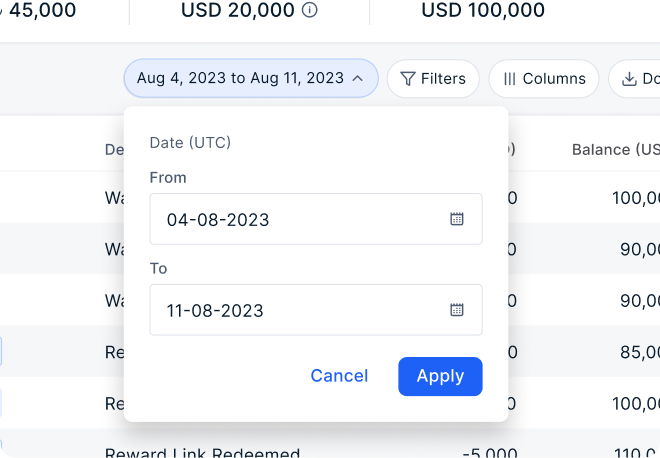 Transaction history filtered by date range